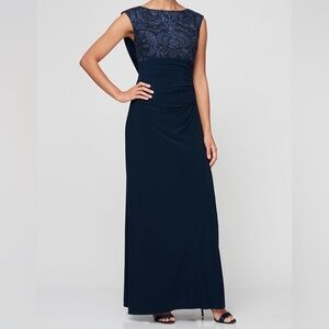 Alex Evenings Sequin Floral Bodice Cowl Back Formal Gown Mother of the Bride